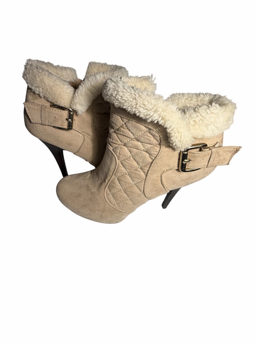 Madeline Faux Shearling Tan Quilted Suede Ankle Booties with Buckle Sz 7.5